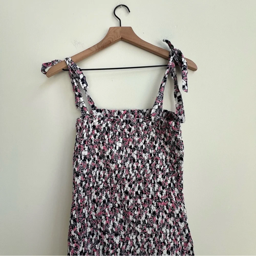 New Entro Smocked Bodycon Mini Dress Small Bow Sleeve Ditsy Print Feminine Pink